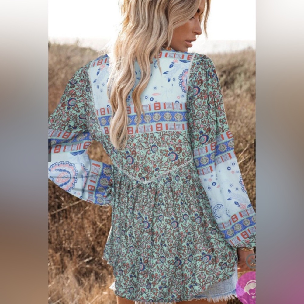 Vici Green and Pink Long Sleeve Blouse with Tie Front